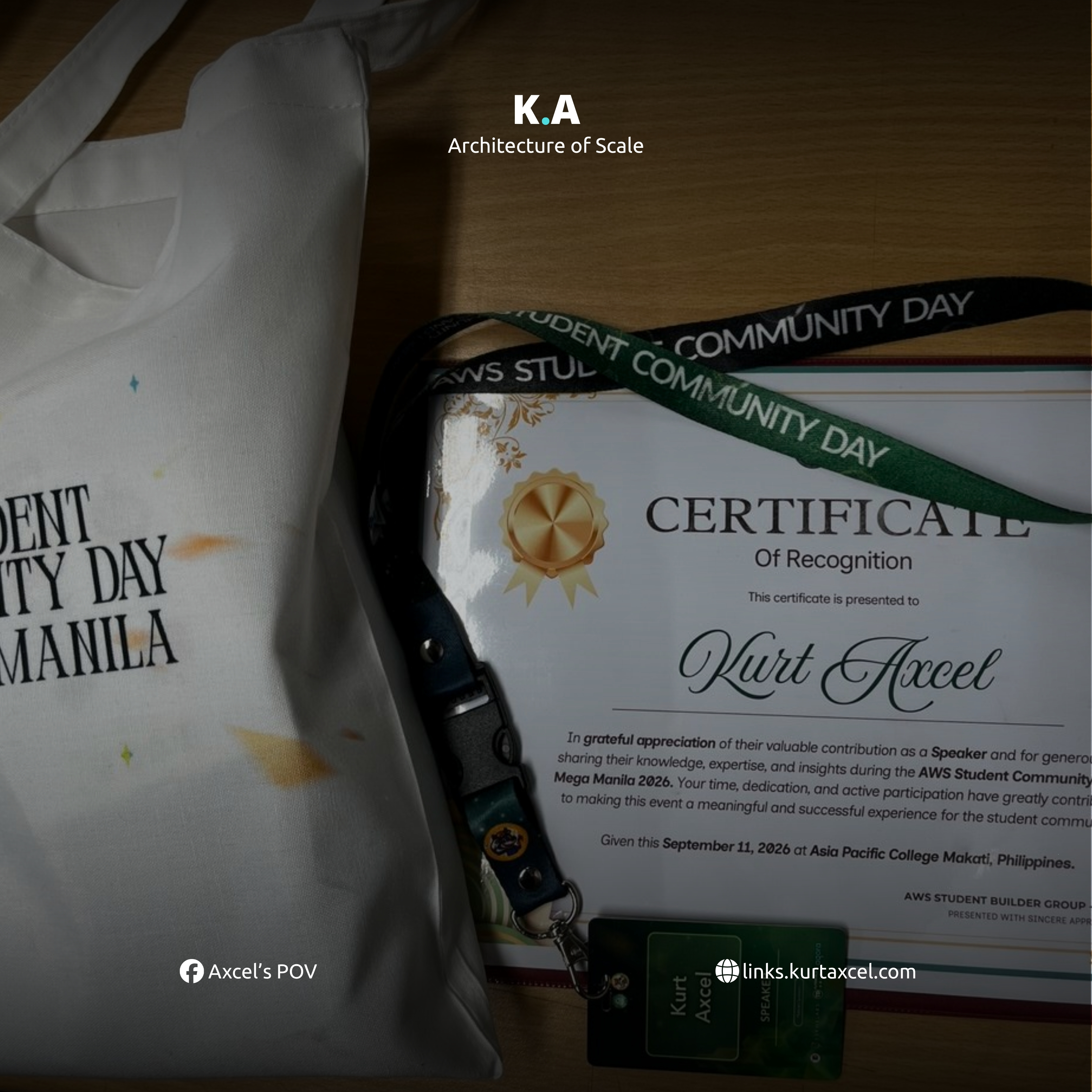 Student Community Day tote, speaker badge, and Certificate of Recognition for Kurt Axcel